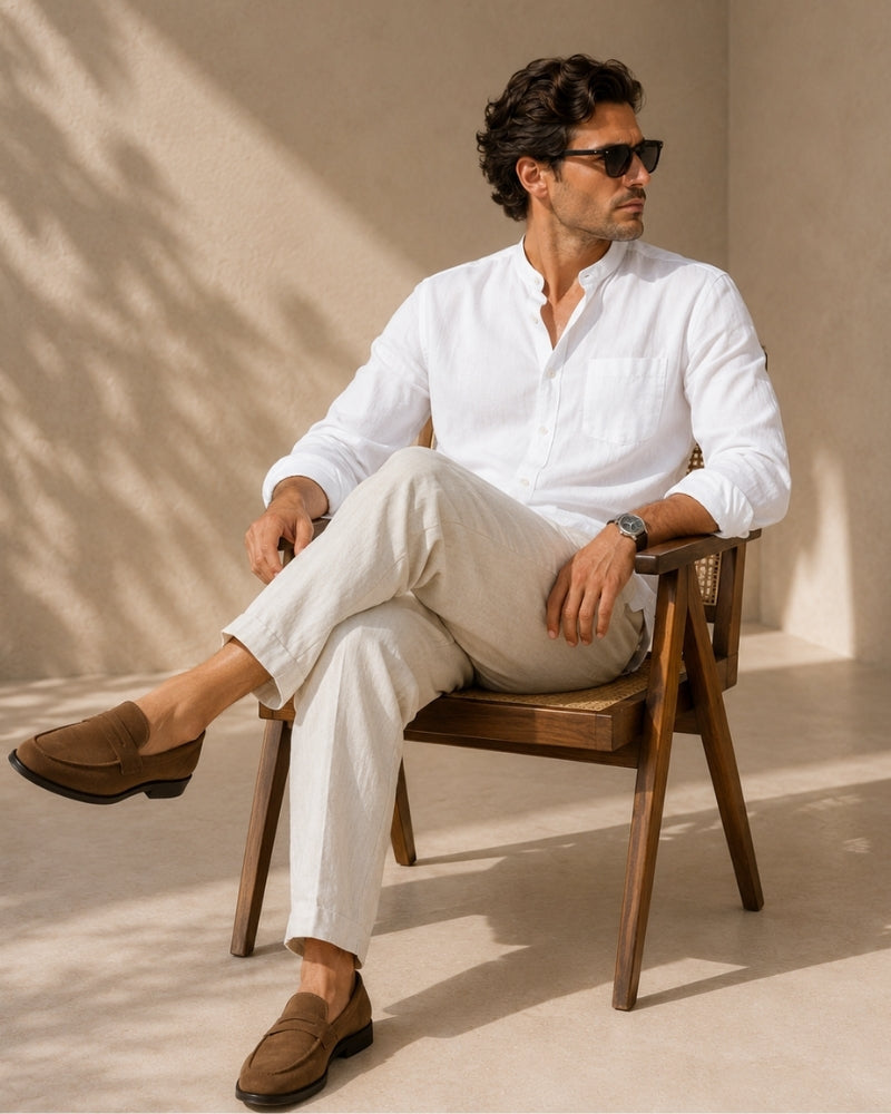 Men's Mandarin Collar Shirt With Chest Patch Pocket - White
