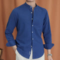 Men's Mandarin Collar Shirt With Full Button Placket - Blue
