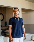 Men's Open-Neck Polo Shirt With Contrast Collar Edges - Navy