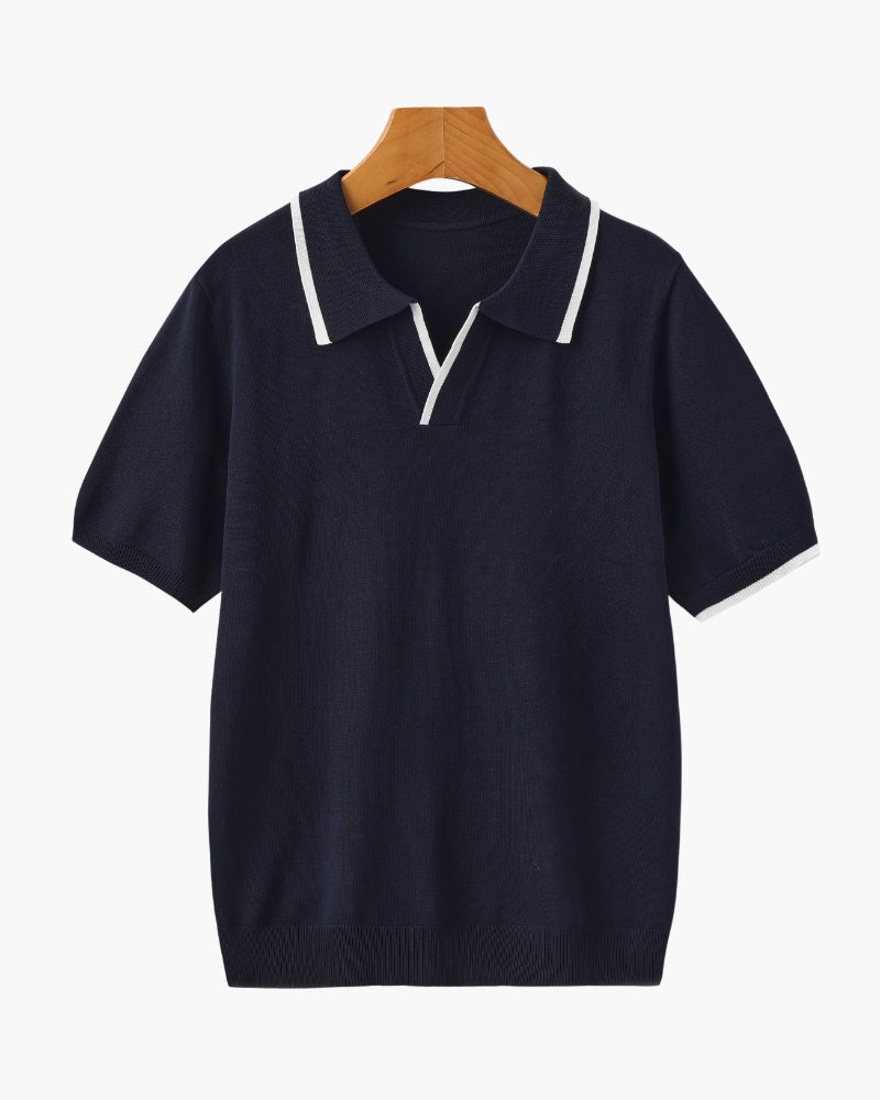 Men's Open-Neck Polo Shirt With Contrast Collar Edges - Navy