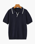 Men's Open-Neck Polo Shirt With Contrast Collar Edges - Navy