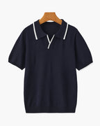 Men's Open-Neck Polo Shirt With Contrast Collar Edges - Navy