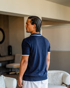 Men's Open-Neck Polo Shirt With Contrast Collar Edges - Navy