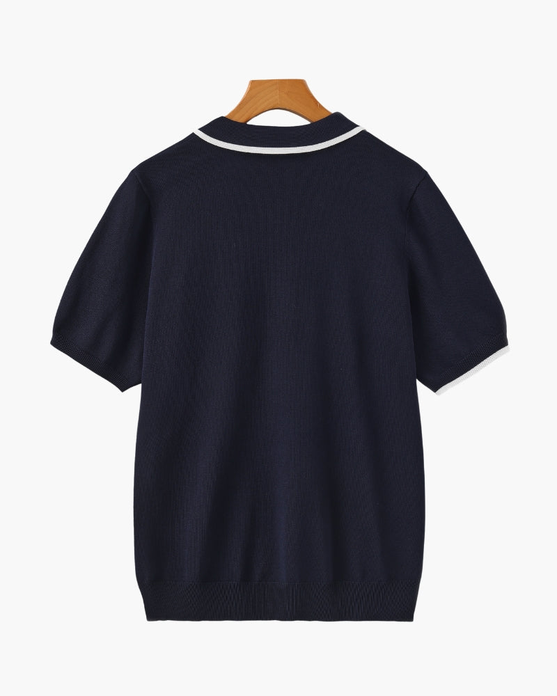 Men's Open-Neck Polo Shirt With Contrast Collar Edges - Navy