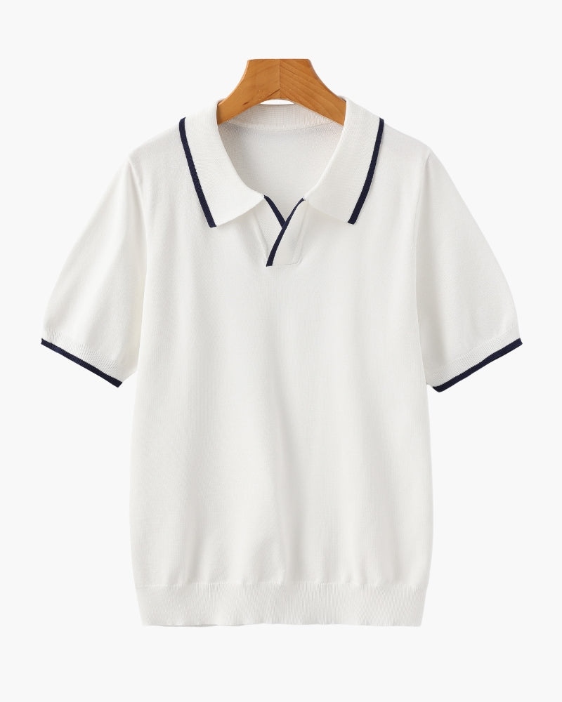 Men's Open-Neck Polo Shirt With Contrast Collar Edges - White