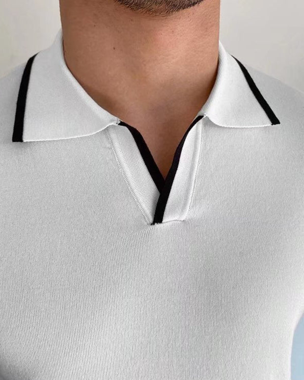 Men's Open-Neck Polo Shirt With Contrast Collar Edges - White