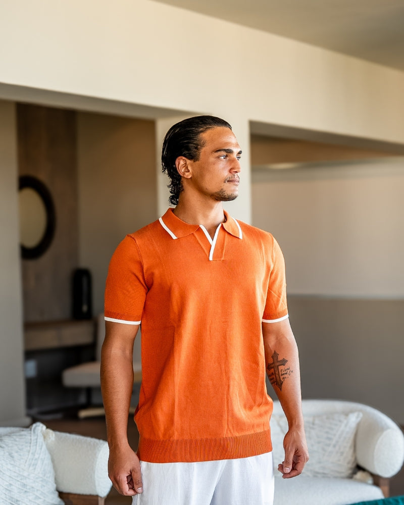 Men's Open-Neck Polo Shirt With Contrast Collar Edges - Orange