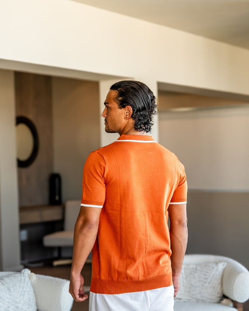 Men's Open-Neck Polo Shirt With Contrast Collar Edges - Orange