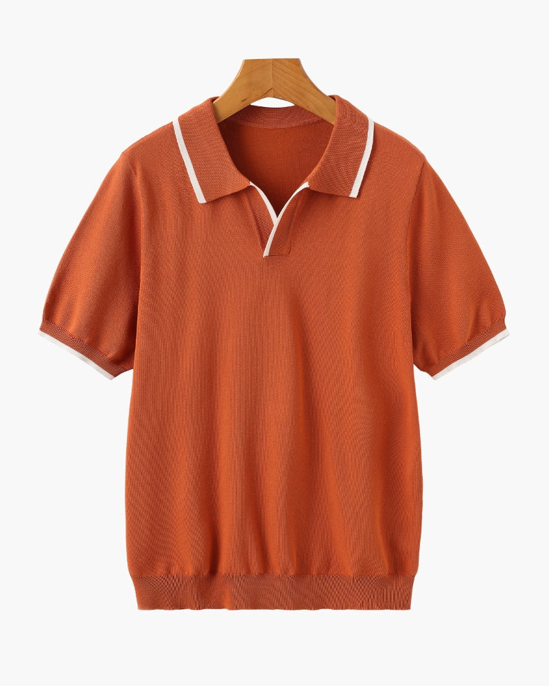 Men's Open-Neck Polo Shirt With Contrast Collar Edges - Orange