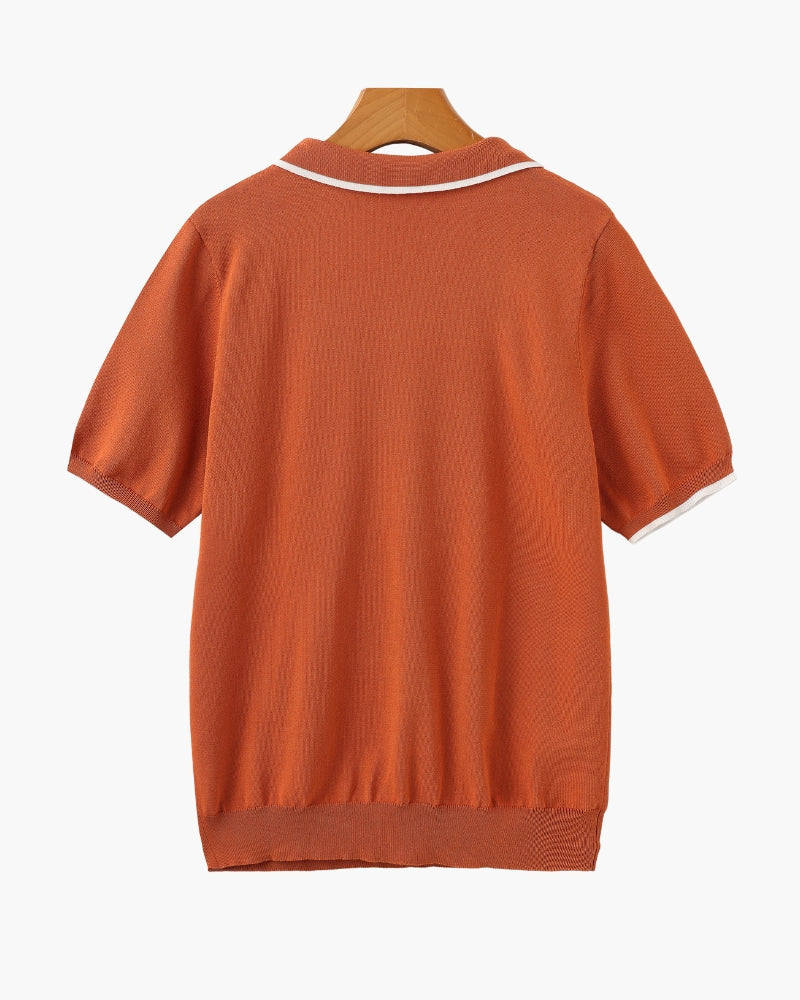 Men's Open-Neck Polo Shirt With Contrast Collar Edges - Orange