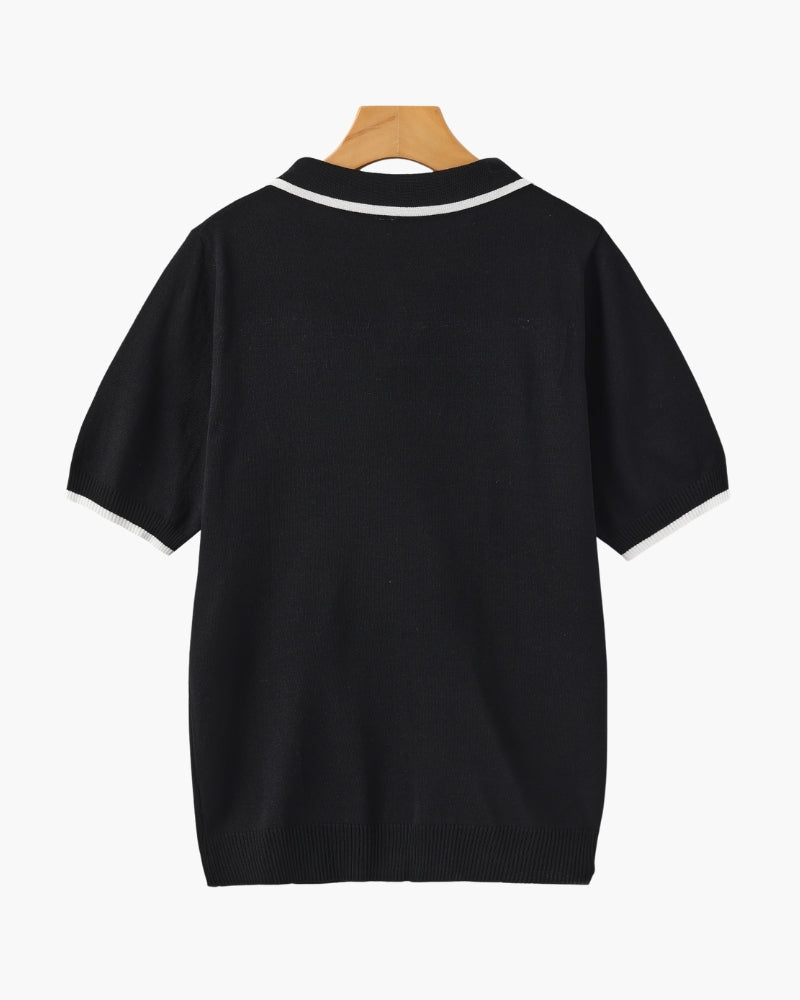 Men's Open-Neck Polo Shirt With Contrast Collar Edges - Black