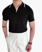 Men's Open-Neck Polo Shirt With Contrast Collar Edges - Black