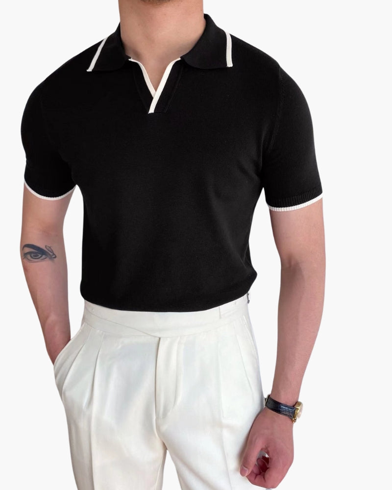 Men's Open-Neck Polo Shirt With Contrast Collar Edges - Black