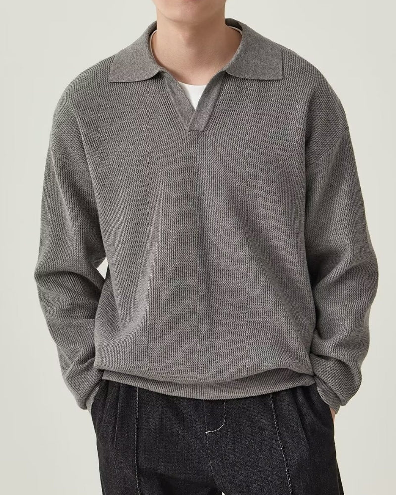 Men's Open-Neck Textured Jumper With Folded Collar - Grey