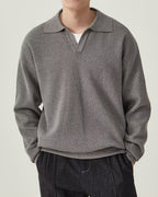 Men's Open-Neck Textured Jumper With Folded Collar - Grey