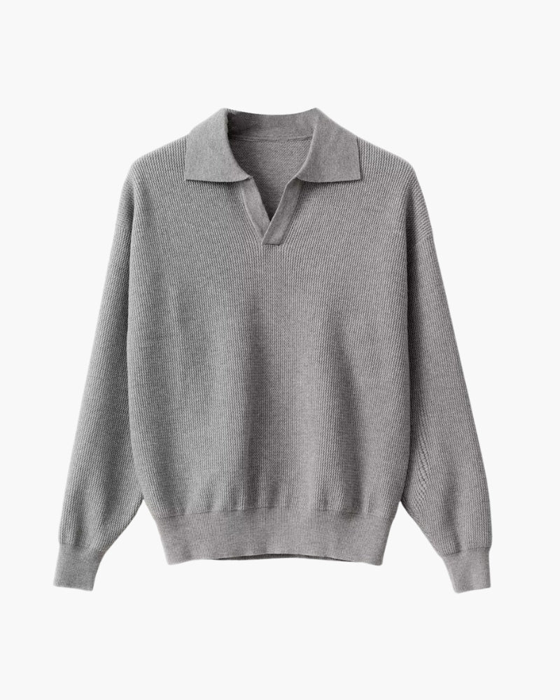 Men's Open-Neck Textured Jumper With Folded Collar - Grey