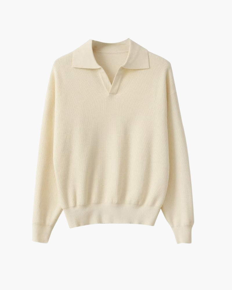 Men's Open-Neck Textured Jumper With Folded Collar - Ivory