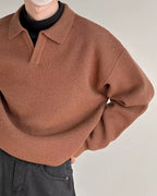 Men's Open-Neck Textured Jumper With Folded Collar - Brown