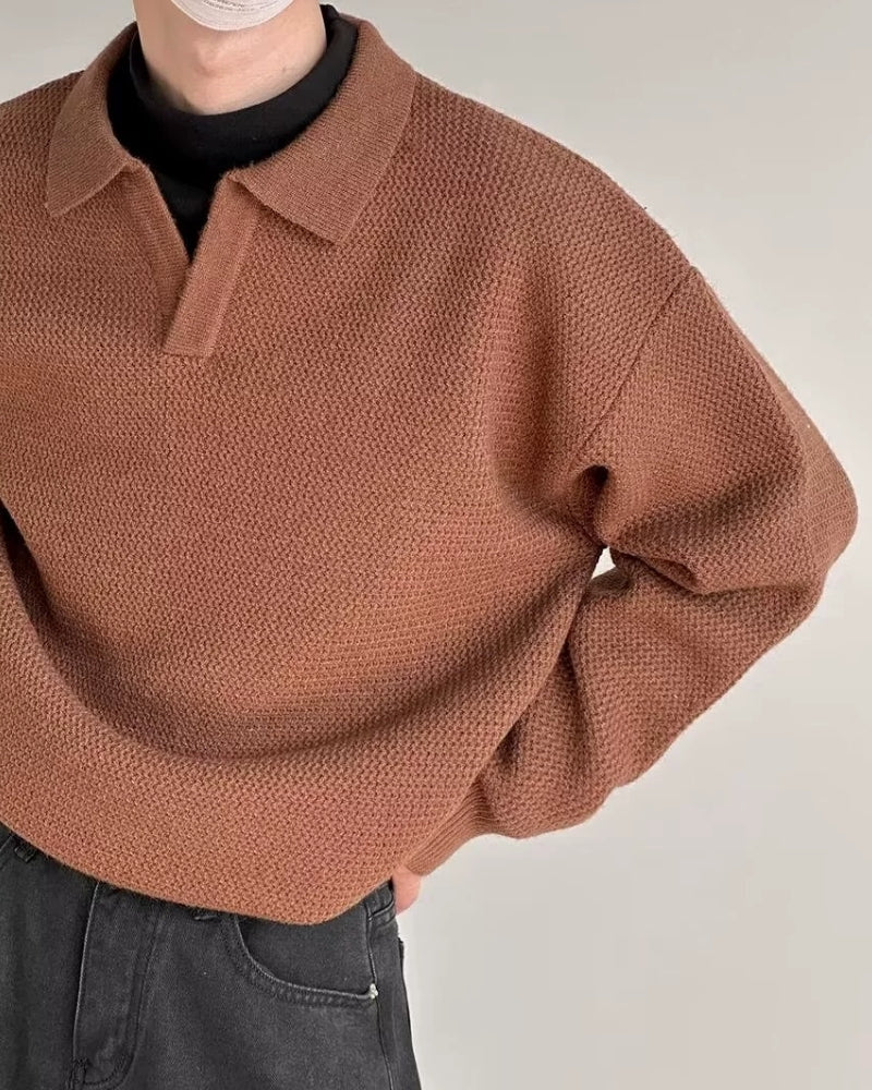Men's Open-Neck Textured Jumper With Folded Collar - Brown