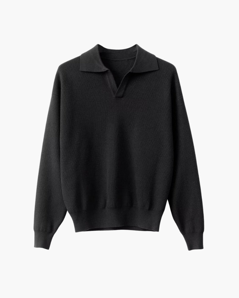 Men's Open-Neck Textured Jumper With Folded Collar - Black