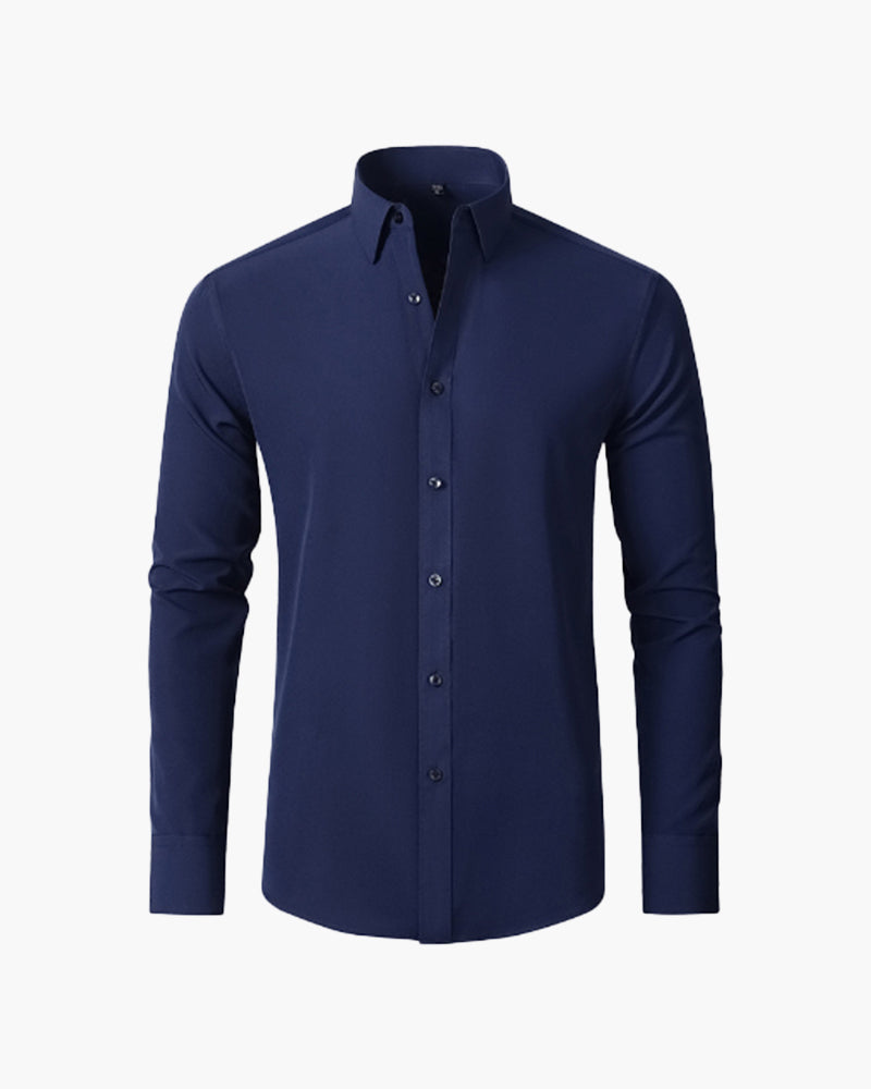 Men's Plain Button-Front Shirt With Shaped Lower Hem - Navy