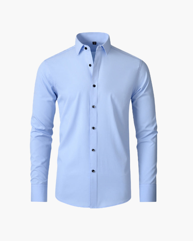 Men's Plain Button-Front Shirt With Shaped Lower Hem - Blue