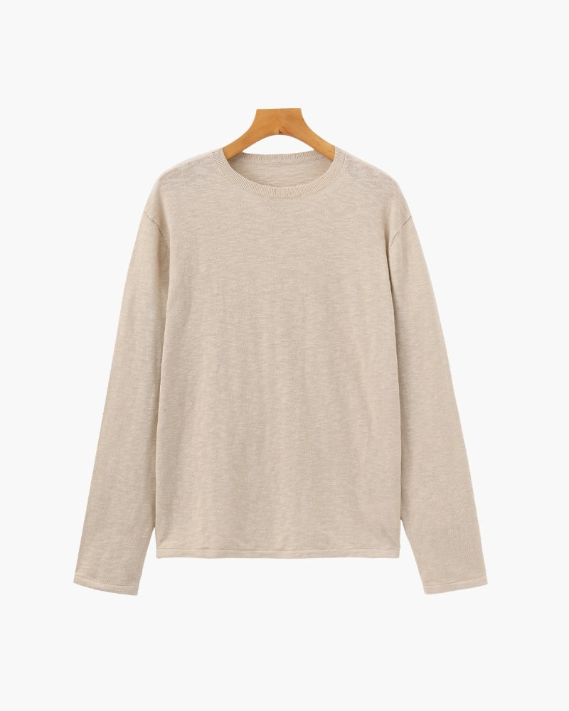 Men's Plain Crew-Neck Top With Fine Ribbed Neckline - Beige