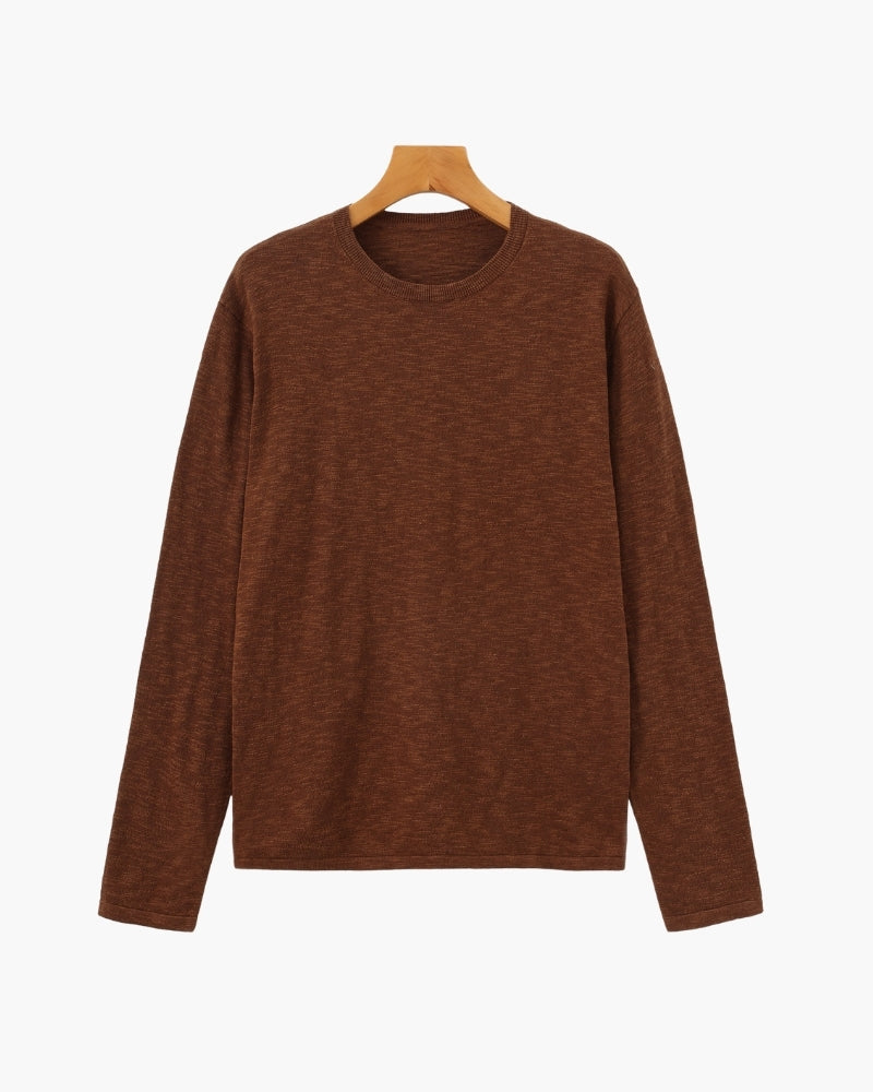 Men's Plain Crew-Neck Top With Fine Ribbed Neckline - Brown