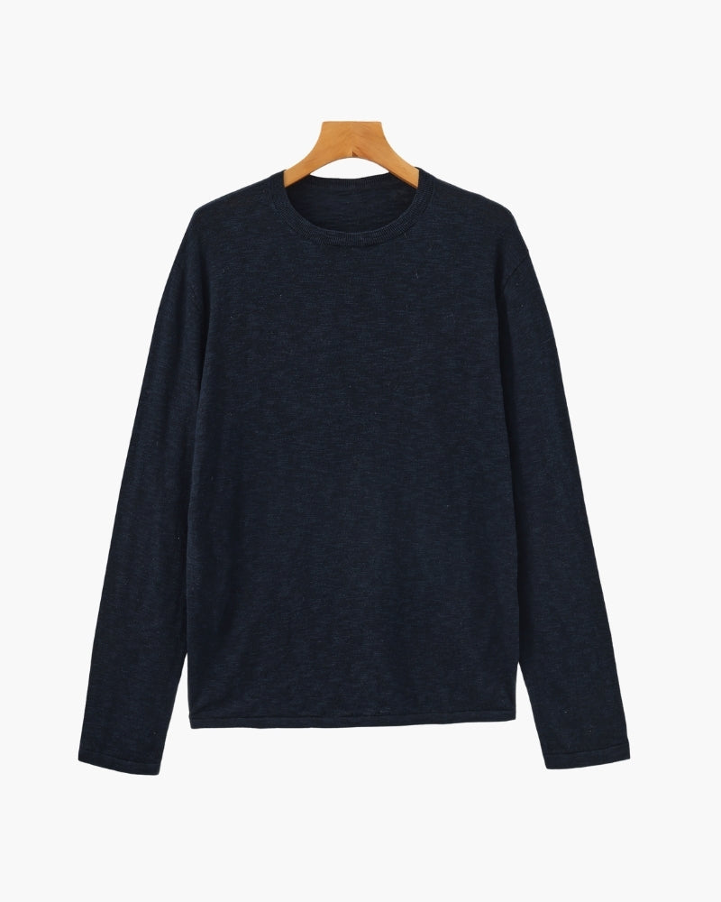Men's Plain Crew-Neck Top With Fine Ribbed Neckline - Blue