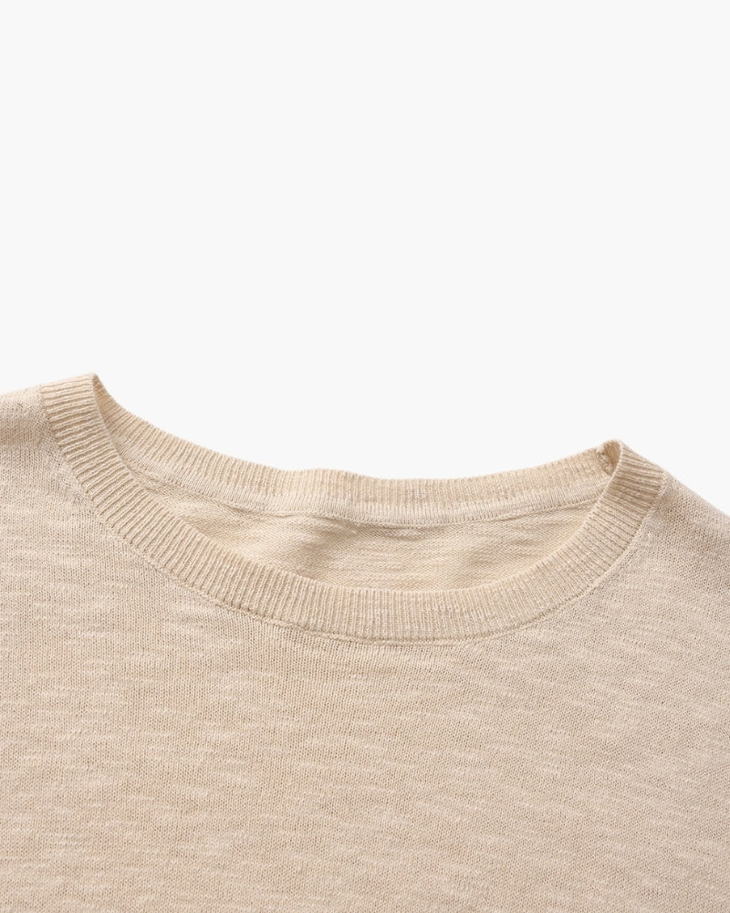 Men's Plain Crew-Neck Top With Fine Ribbed Neckline - Beige