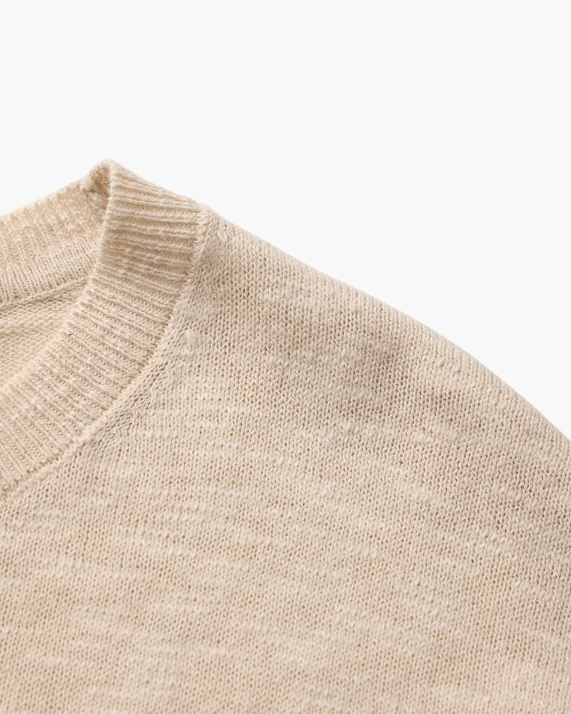 Men's Plain Crew-Neck Top With Fine Ribbed Neckline - Beige