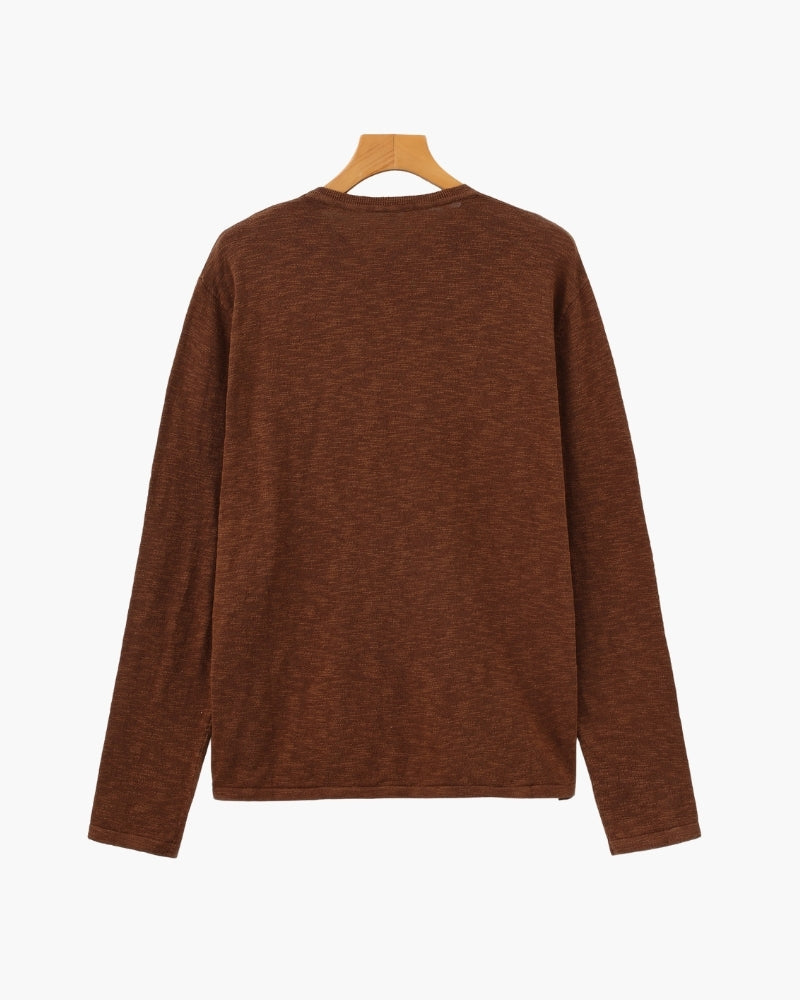 Men's Plain Crew-Neck Top With Fine Ribbed Neckline - Brown
