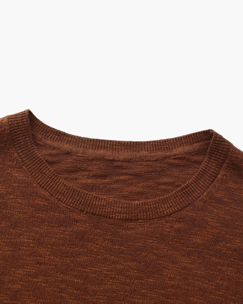 Men's Plain Crew-Neck Top With Fine Ribbed Neckline - Brown