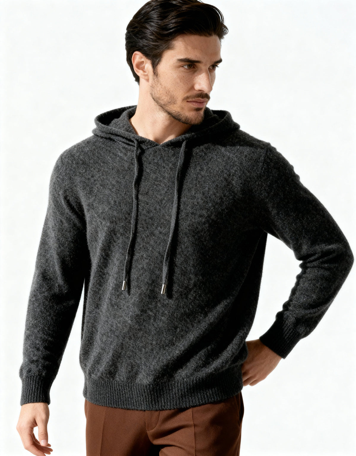 Men's Plain Drawstring Hoodie With Ribbed Cuffs - Dark Grey