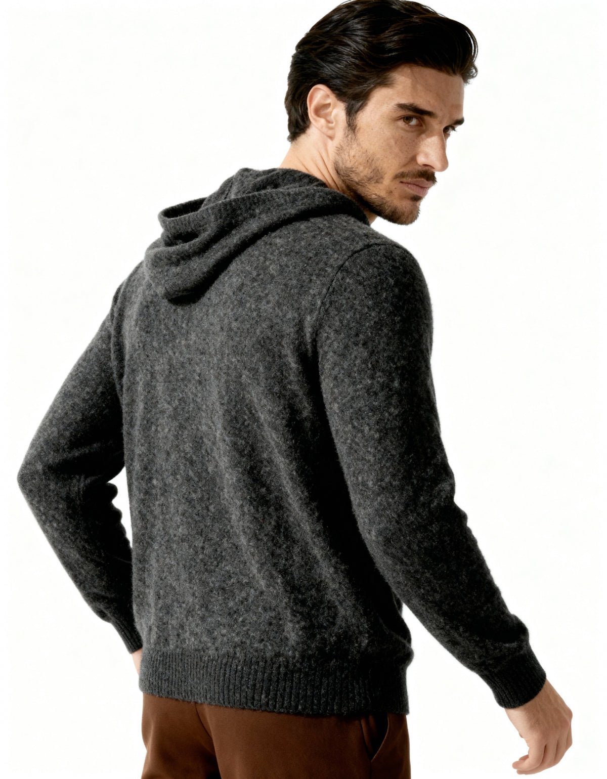 Men's Plain Drawstring Hoodie With Ribbed Cuffs - Dark Grey