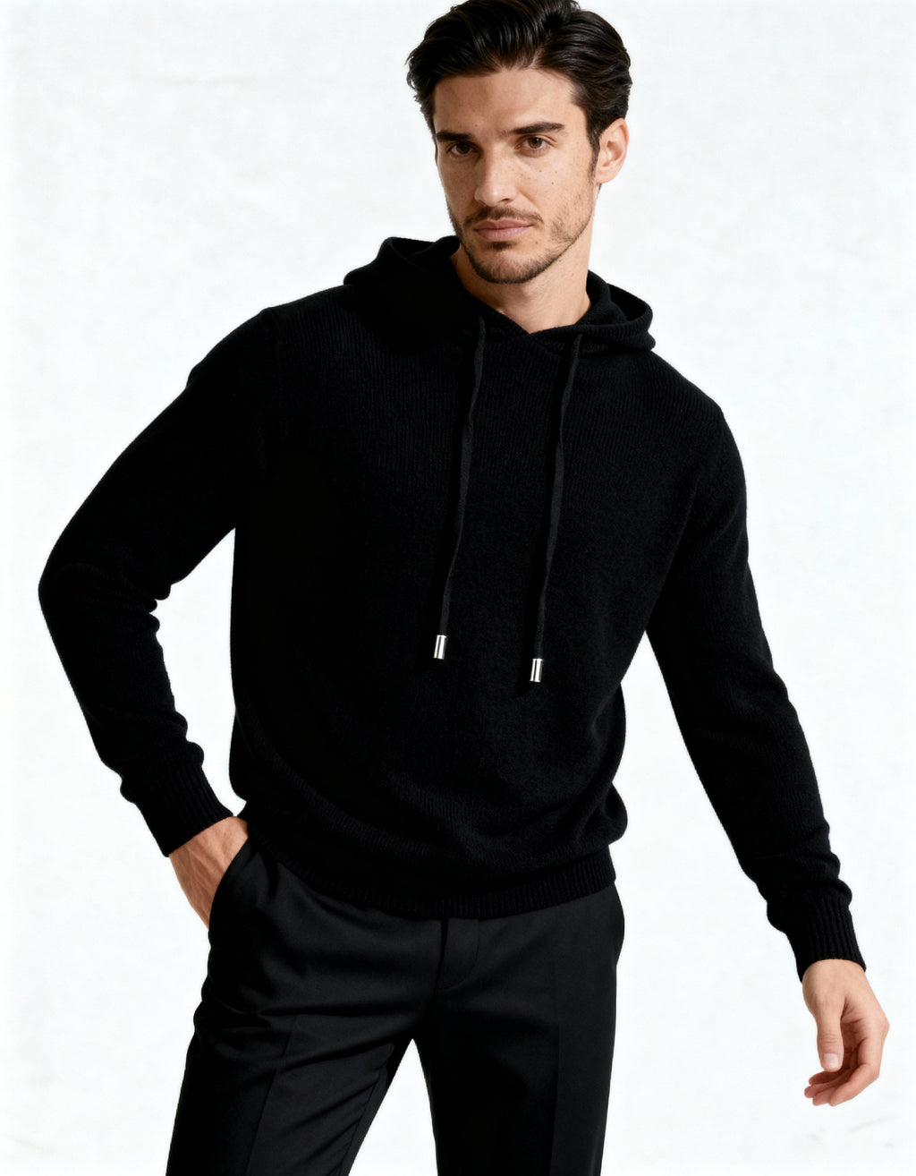 Men's Plain Drawstring Hoodie With Ribbed Cuffs - Black