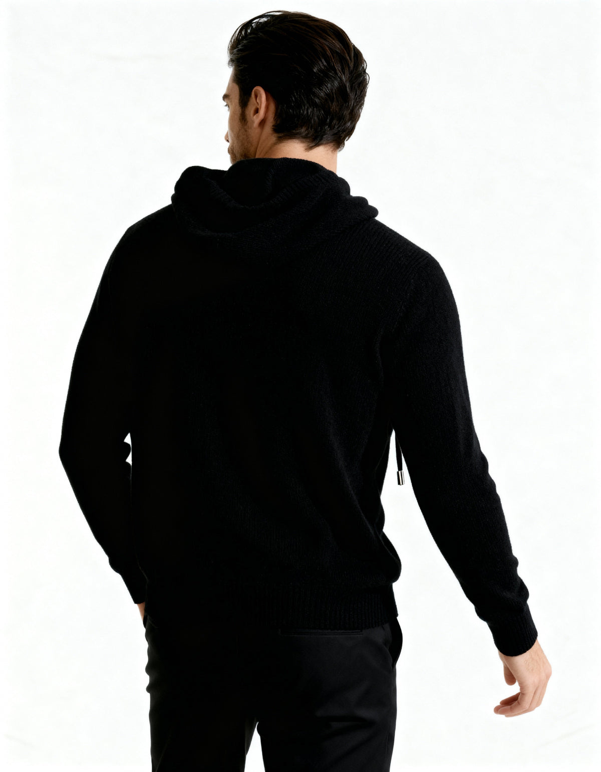 Men's Plain Drawstring Hoodie With Ribbed Cuffs - Black