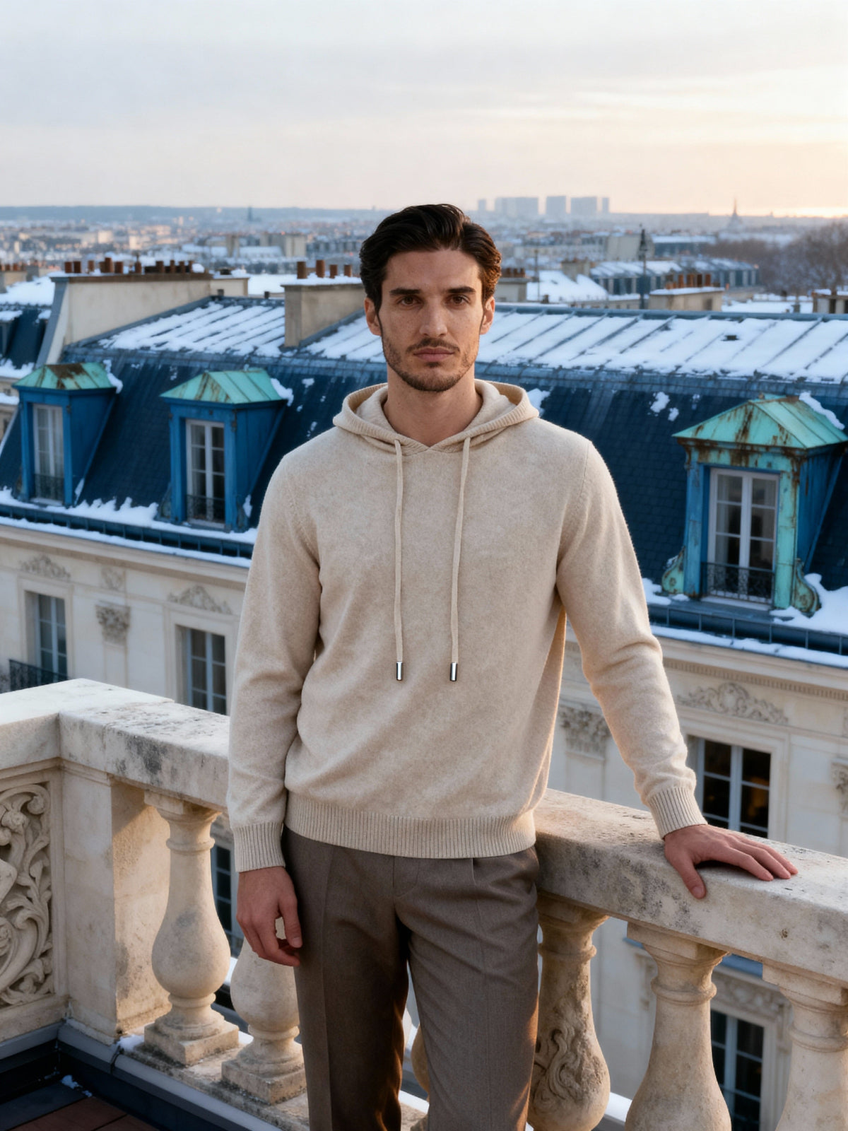 Men's Plain Drawstring Hoodie With Ribbed Cuffs - Beige