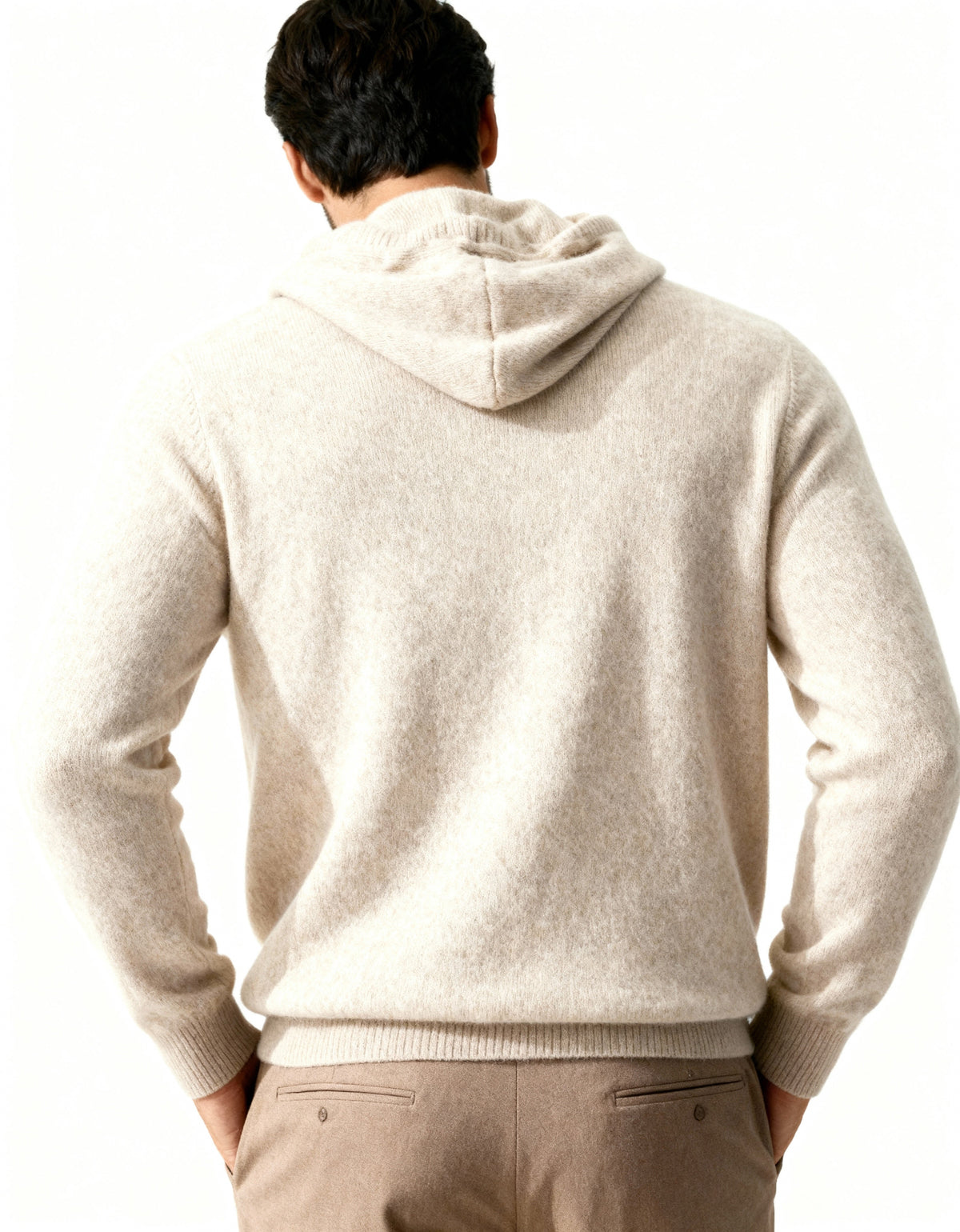Men's Plain Drawstring Hoodie With Ribbed Cuffs - Beige