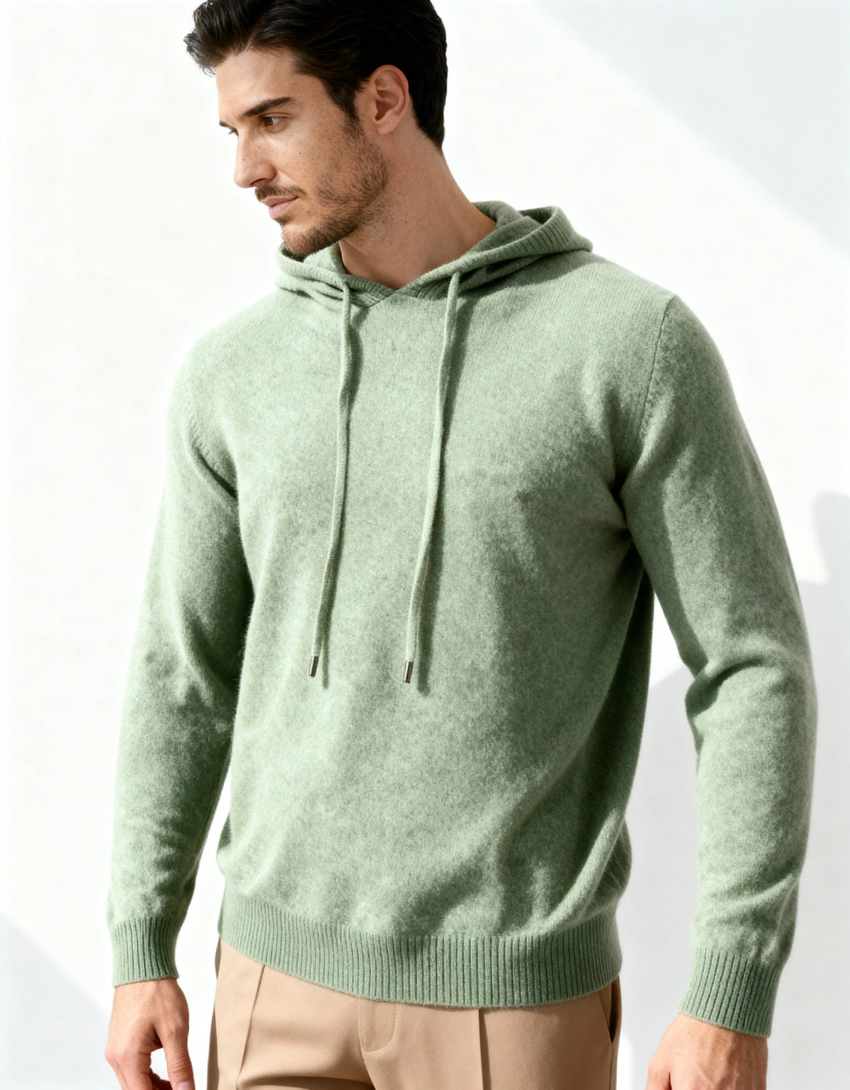 Men's Plain Drawstring Hoodie With Ribbed Cuffs - Green