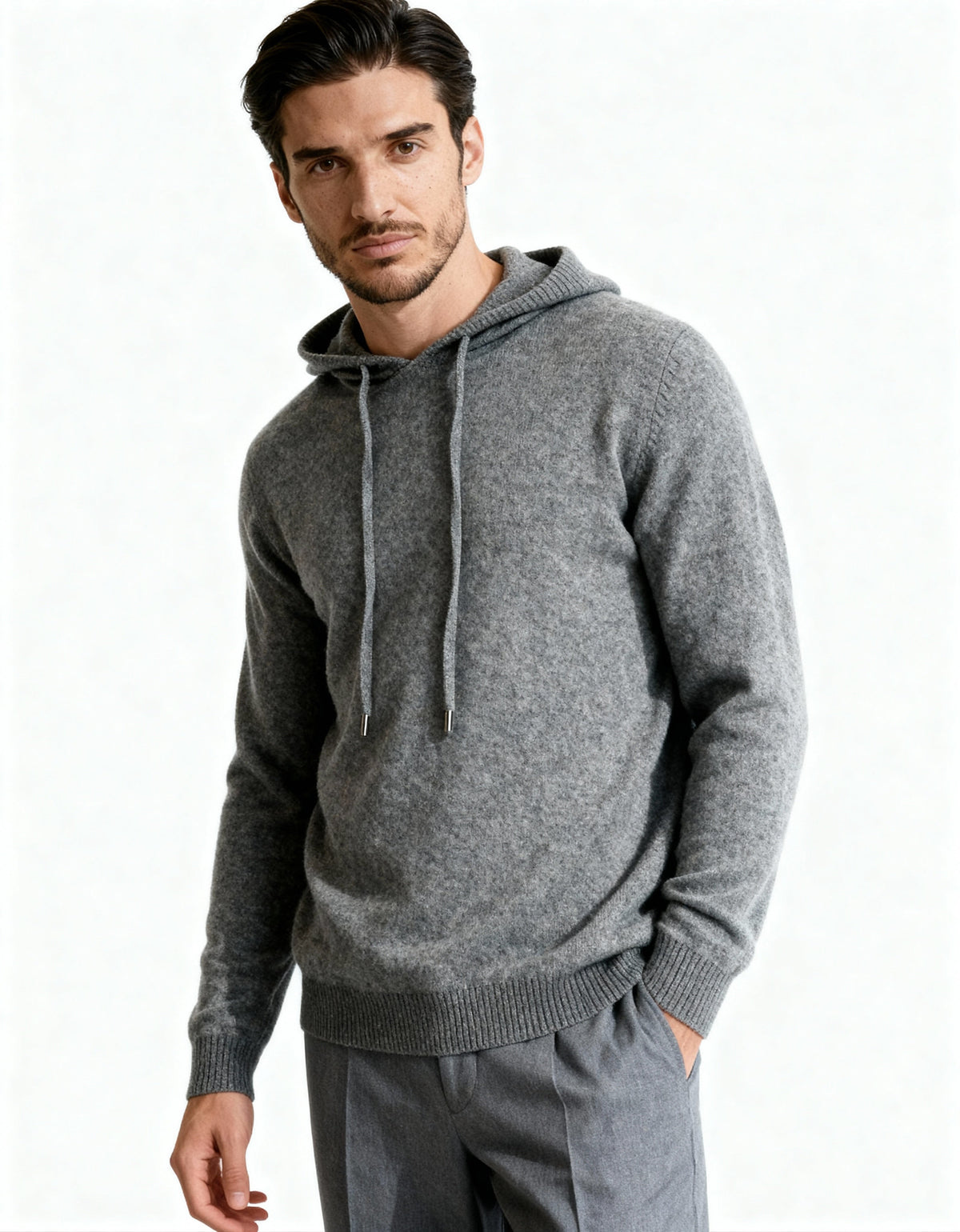 Men's Plain Drawstring Hoodie With Ribbed Cuffs - Grey