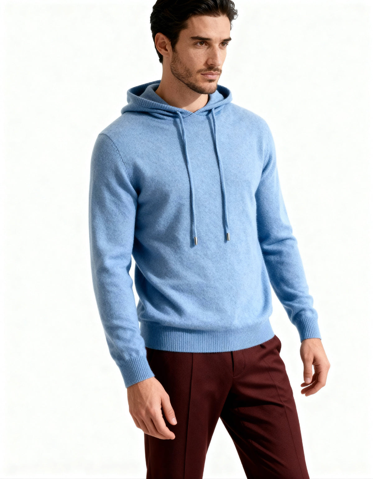 Men's Plain Drawstring Hoodie With Ribbed Cuffs - Blue