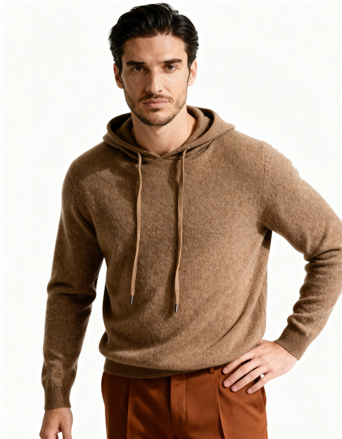 Men's Plain Drawstring Hoodie With Ribbed Cuffs - Brown