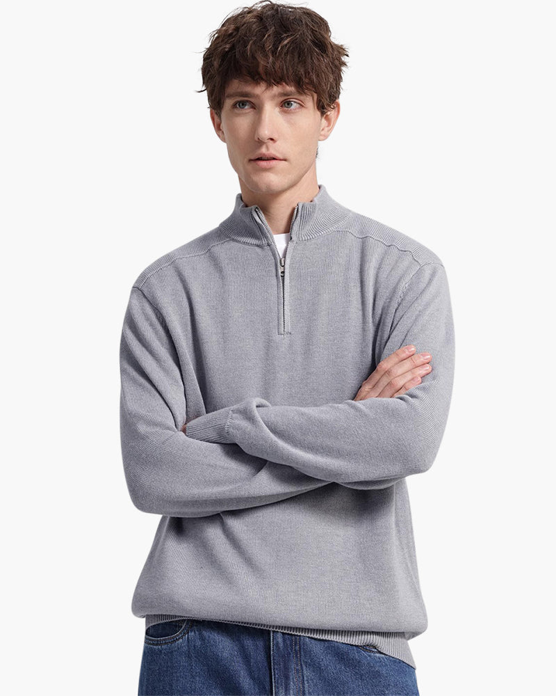 Men's Plain Half-Zip Jumper With Banded Stand Collar - Grey