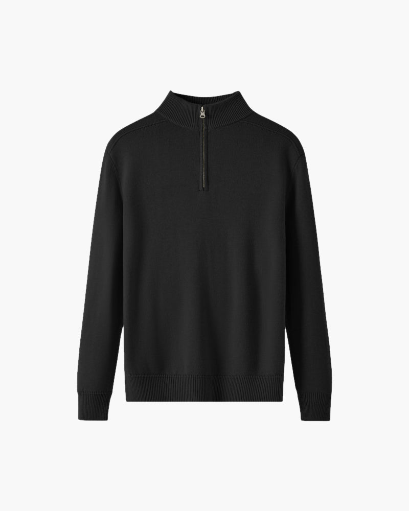 Men's Plain Half-Zip Jumper With Banded Stand Collar - Black