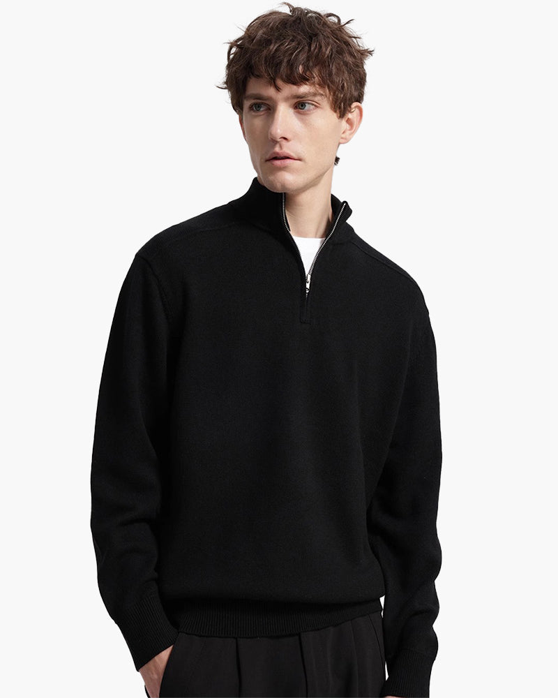 Men's Plain Half-Zip Jumper With Banded Stand Collar - Black
