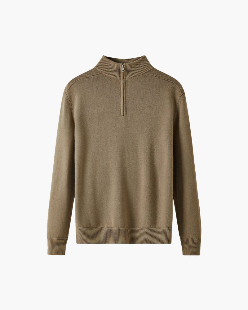 Men's Plain Half-Zip Jumper With Banded Stand Collar - Beige