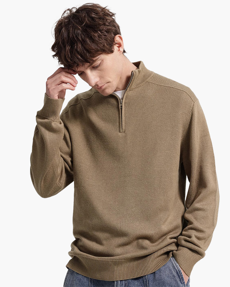 Men's Plain Half-Zip Jumper With Banded Stand Collar - Beige