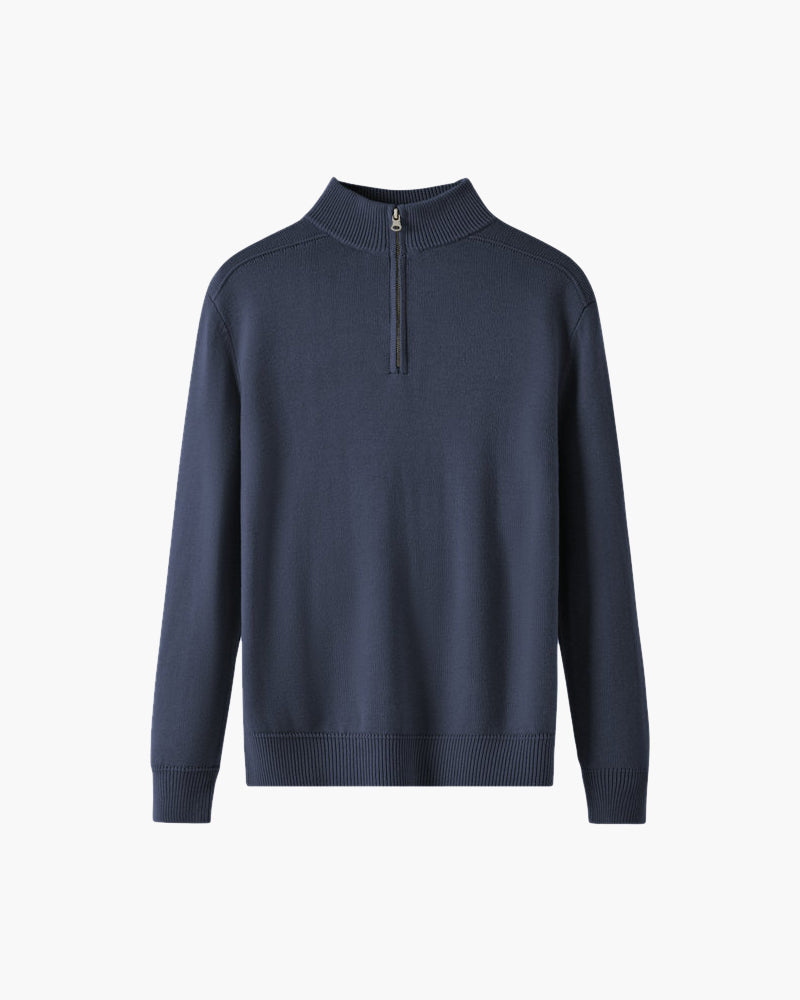 Men's Plain Half-Zip Jumper With Banded Stand Collar - Navy