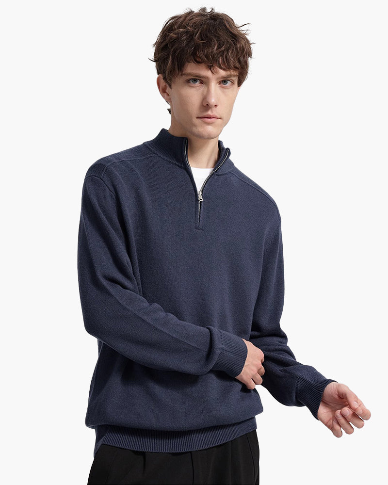 Men's Plain Half-Zip Jumper With Banded Stand Collar - Navy